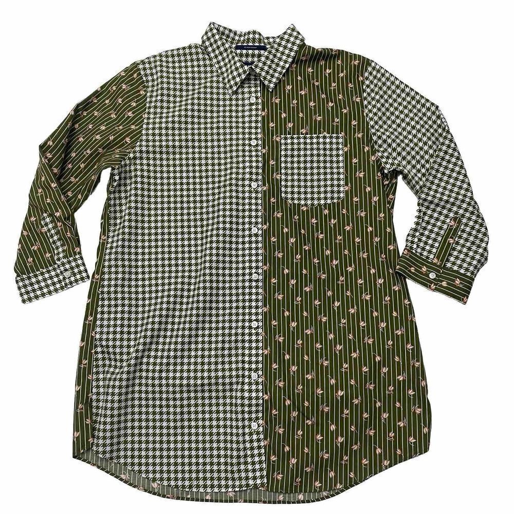 Lands End No Iron Supima Button Down  Hensley Tunic Top Forest Green Sz10